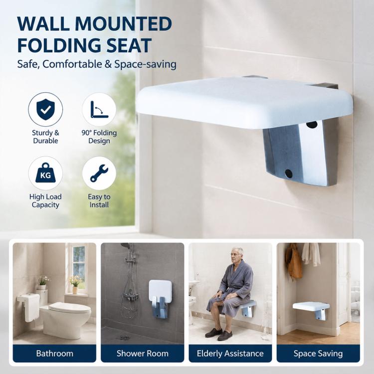 Wall Mounted Folding Solid Waiting Chairs Bathroom Stool Seat Toilet Chairs, Square (White)