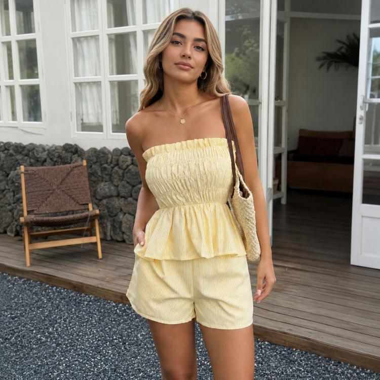 Women’s cream smocked bandeau top with thin straps and ruffled hem, matching shorts set