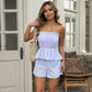 Light blue striped strapless smocked top with layered ruffle hem and matching shorts