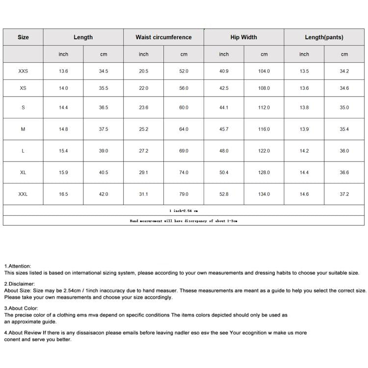 Size chart table with measurements for XS to XXL: length, waist, hip width, and pant length.