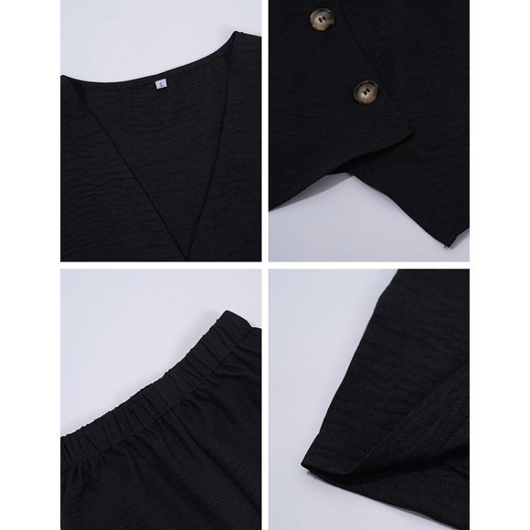 Women's black vest and shorts set details: V-neck, button placket, elastic waist