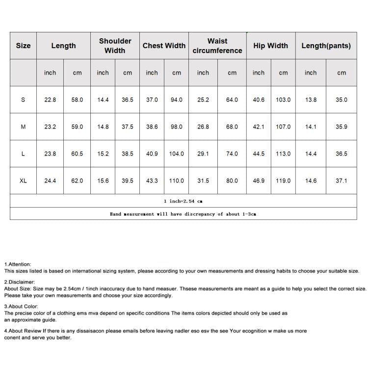 Size chart table with measurements for S, M, L, XL for vest and shorts