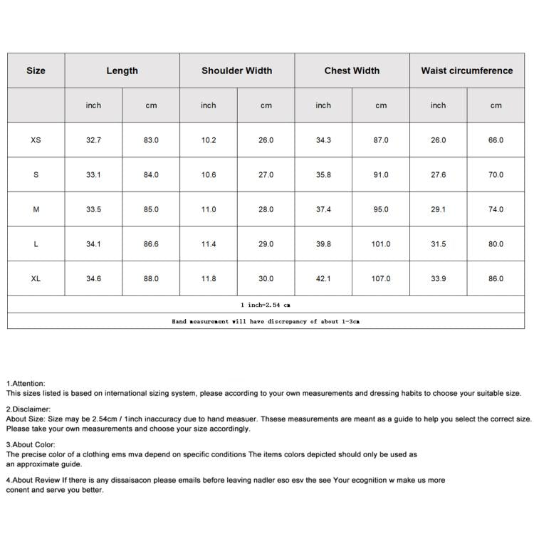 Size chart table with measurements by XS, S, M, L, and XL