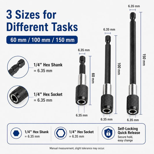 Three hex quick-release extension rods in different lengths with 1/4 hex ends
