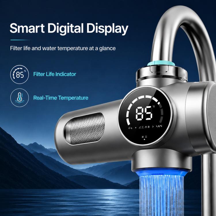 Smart water purifier faucet with circular digital display, mesh outlet, blue water flow
