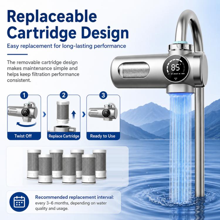 Detachable water purifier faucet with replaceable cartridge sleeves and stack of filters