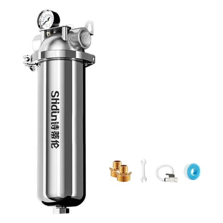 Stainless steel whole-house water pre-filter with pressure gauge and mounting hardware
