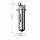 Stainless steel water pre-filter with pressure gauge, shown with size measurements