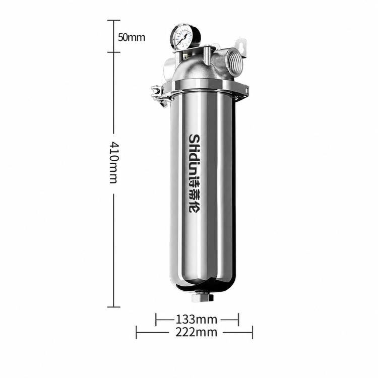 Stainless steel water pre-filter with pressure gauge, shown with size measurements