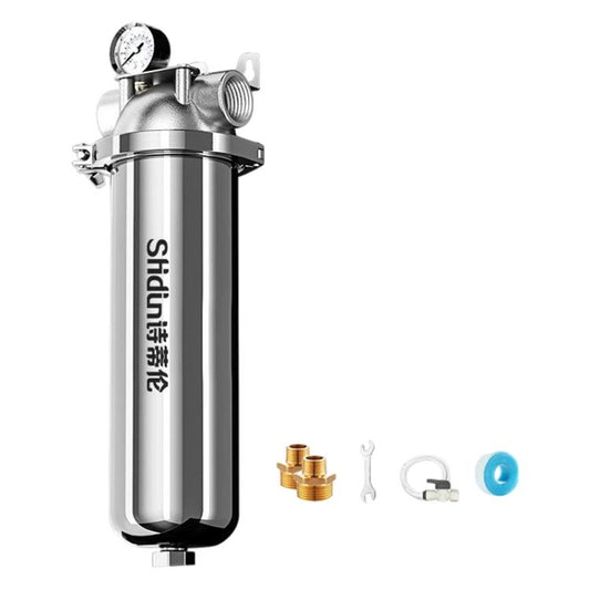 Stainless steel whole-house water pre-filter with pressure gauge and accessory kit