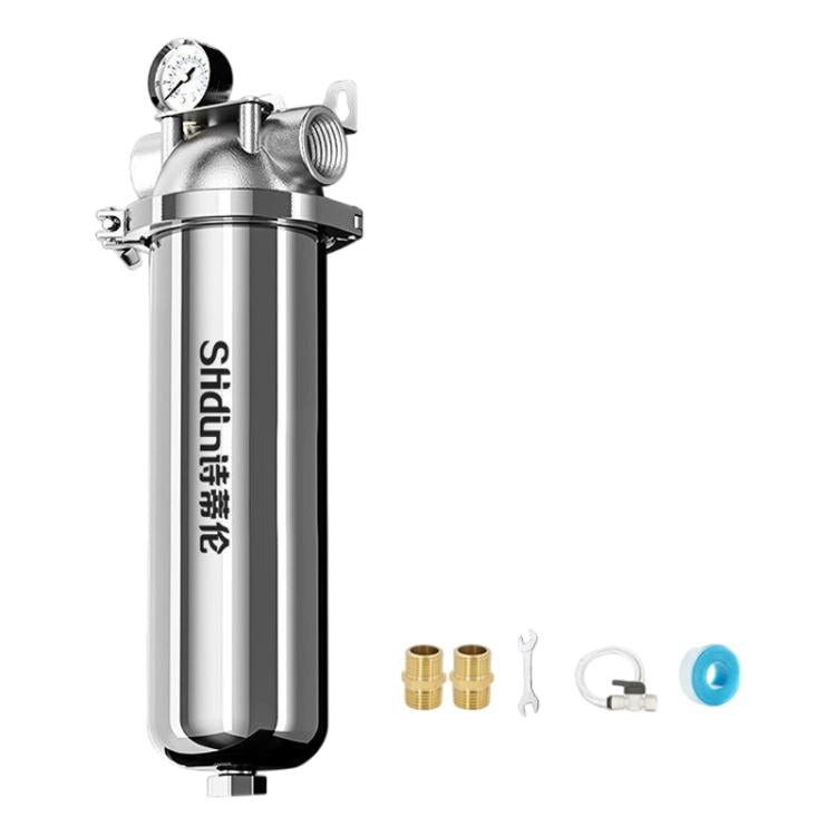 Stainless steel water pre-filter canister with pressure gauge and included fittings