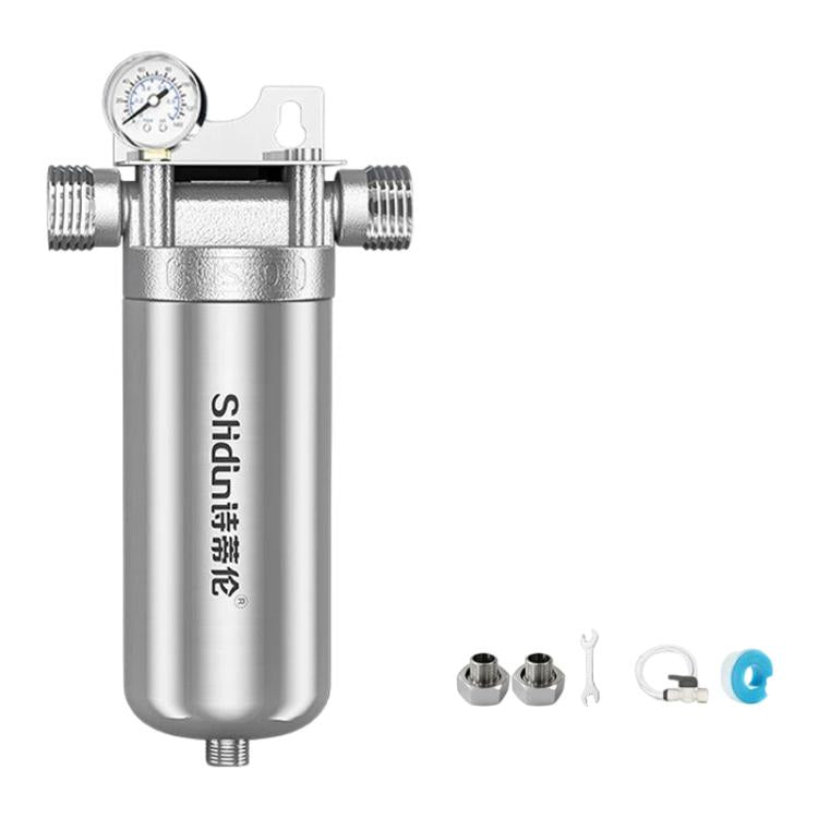 Stainless steel water pre-filter with pressure gauge and screw-on filter ports