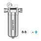 Stainless steel whole-house water pre-filter with pressure gauge and accessory parts