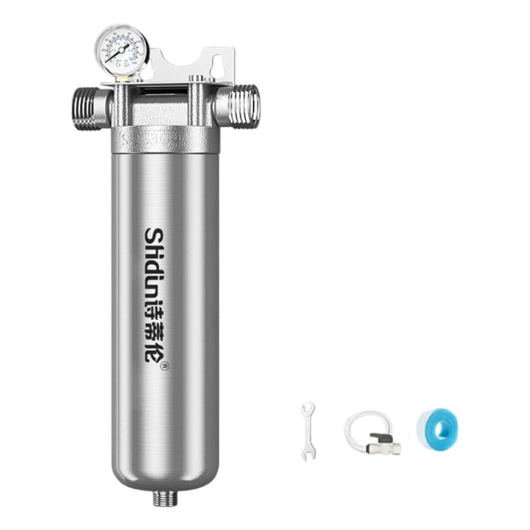Stainless steel water pre-filter with side threaded ports and pressure gauge