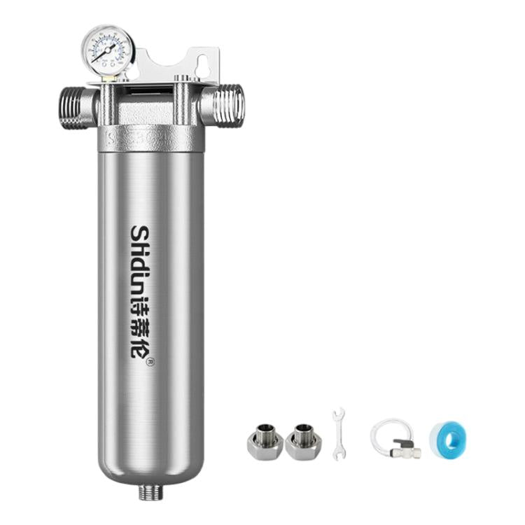 Stainless steel water pre-filter with pressure gauge and small included connector parts