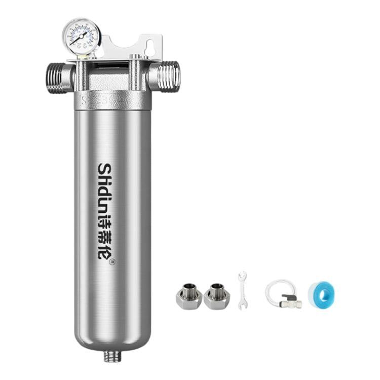 Stainless steel whole-house water pre-filter with pressure gauge and mounting fittings
