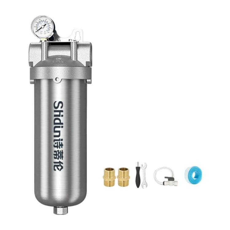 Stainless steel whole-house water pre-filter with pressure gauge and clamp top