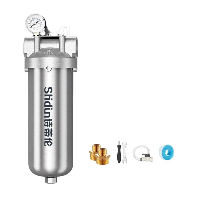 Stainless steel whole-house water pre-filter with pressure gauge and included fittings