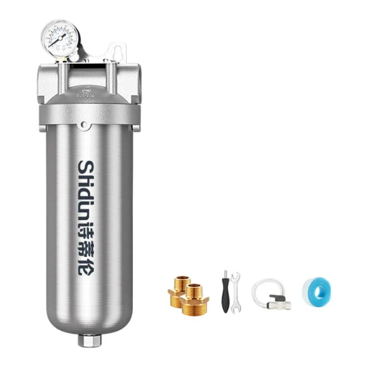 Stainless steel whole-house water pre-filter cylinder with pressure gauge on top