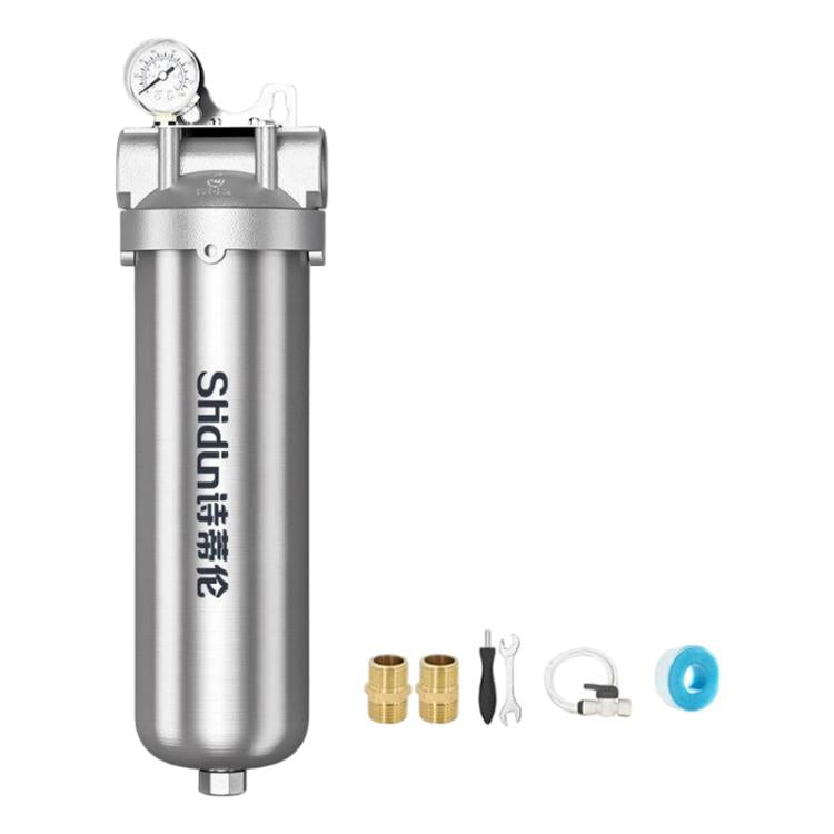 Stainless steel whole-house water pre-filter with pressure gauge and side accessory kit