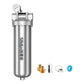 Stainless steel whole-house water pre-filter with pressure gauge and brass connector pieces
