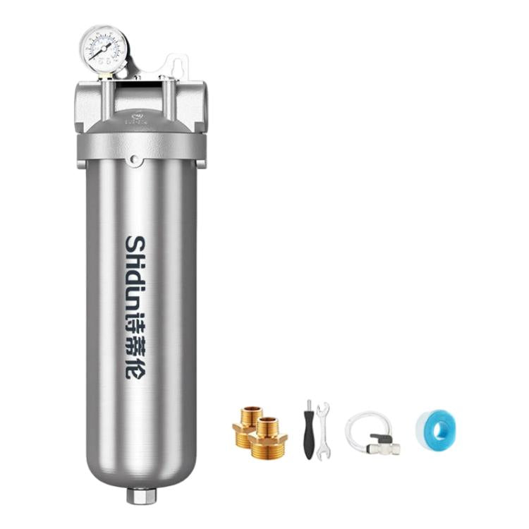 Stainless steel whole-house water pre-filter with pressure gauge and brass connector pieces