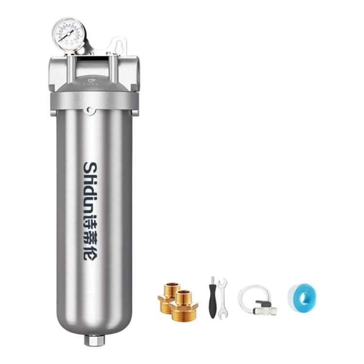 Stainless steel whole-house water pre-filter with pressure gauge and installation parts