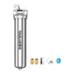 Stainless steel whole-house water pre-filter with pressure gauge, front side view