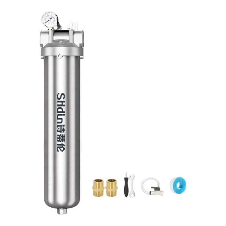 Stainless steel whole-house water pre-filter with pressure gauge, front side view