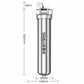 Stainless steel whole-house water pre-filter with pressure gauge, shown with measurements