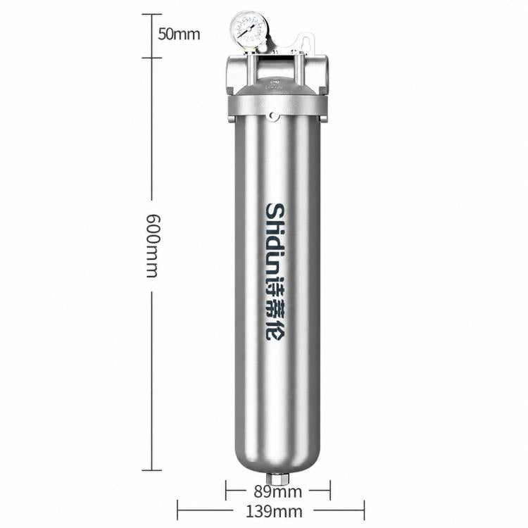 Stainless steel whole-house water pre-filter with pressure gauge, shown with measurements