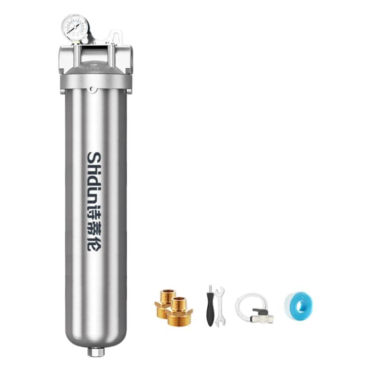 Stainless steel whole-house water pre-filter with pressure gauge and included connector kit
