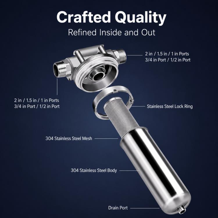 Stainless steel whole-house water pre-filter with clamp ports and lock ring