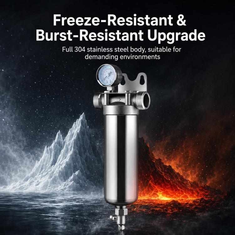 Compact stainless steel water pre-filter with pressure gauge and top valve