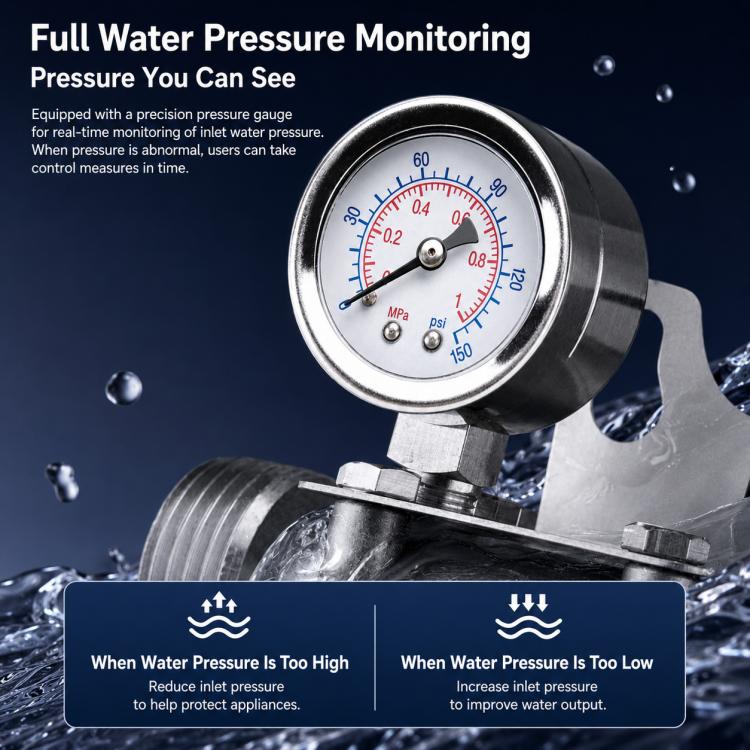 Stainless steel water filter with round pressure gauge and connected tubing
