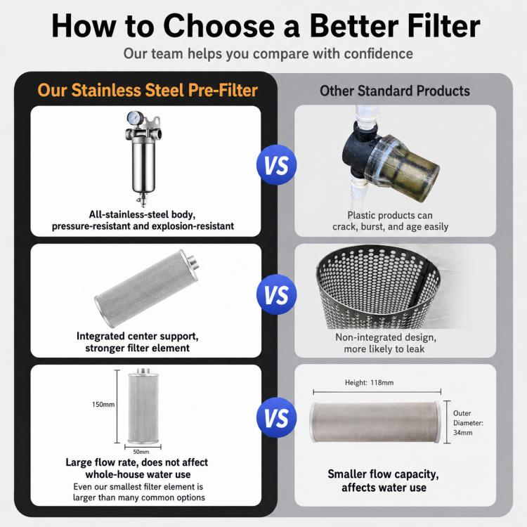 Whole-house pre-filter and filter core shown in comparison layout