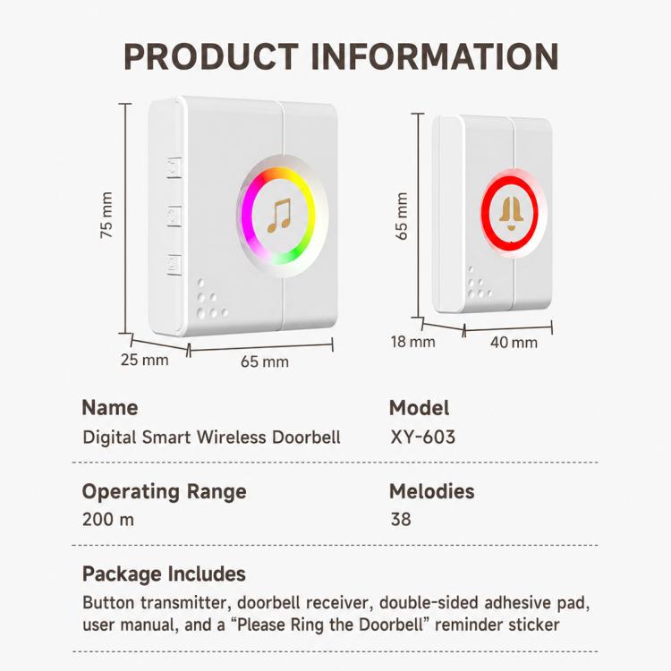 XY-603 Wireless Home Long Distance Smart Remote Control Doorbell, EU Plug, US Plug