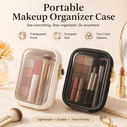 Portable makeup organizer case set: white and black mini bags with clear windows.