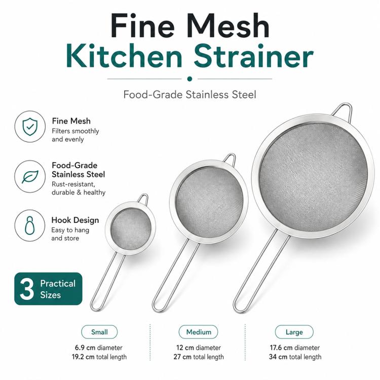 Fine mesh kitchen strainer set: small, medium, and large stainless steel sieves with hooks