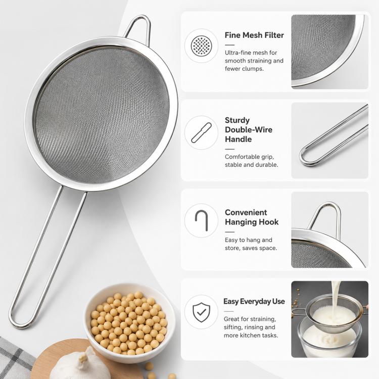 Stainless steel fine mesh strainer with round basket and long handle for straining liquids