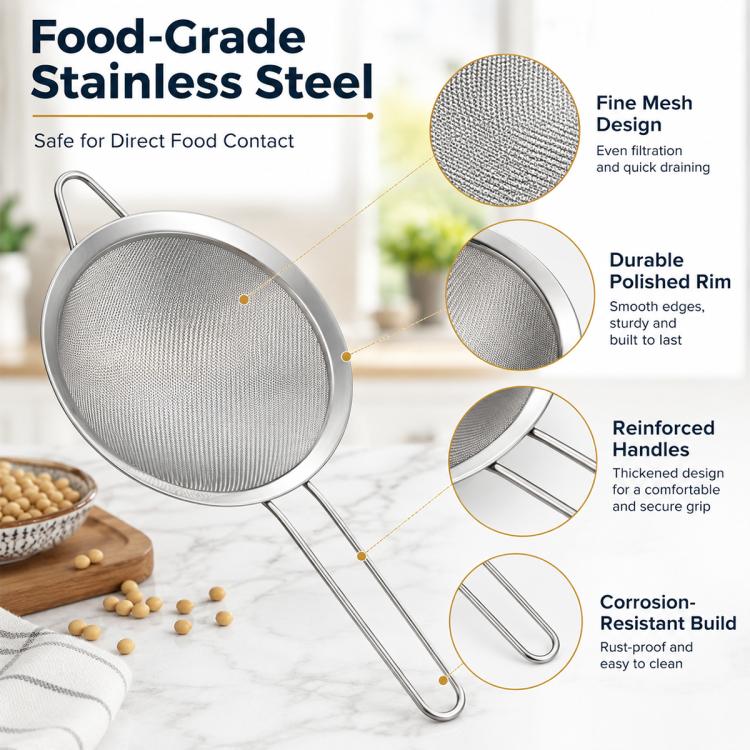 Round stainless steel fine mesh strainer with reinforced handles and hanging hook