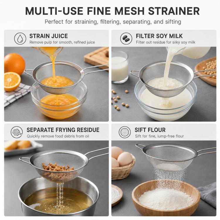Multi-use stainless steel fine mesh strainer spoon with long handle for filtering and separating
