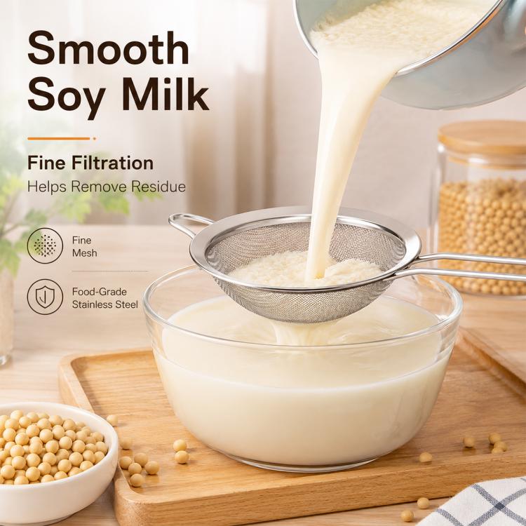 Stainless steel fine mesh strainer spoon with circular basket and long handle for soy milk