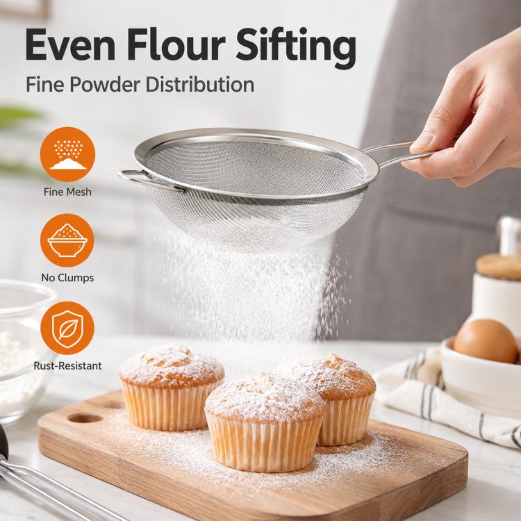 Round stainless steel fine mesh sieve with long handle for sifting fine powders and flour