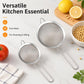 Two stainless steel fine mesh strainers with round baskets, long handles, and hanging hooks