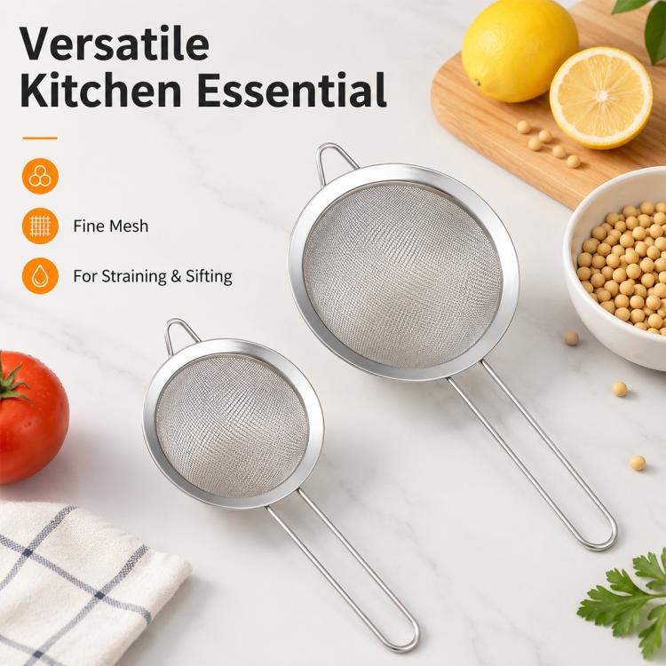 Two stainless steel fine mesh strainers with round baskets, long handles, and hanging hooks