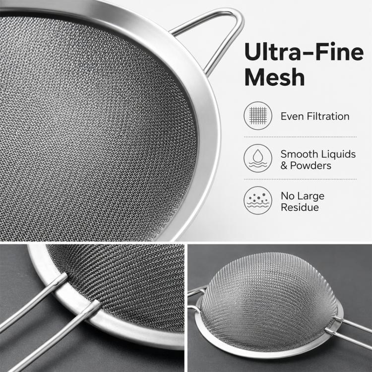 Ultra-fine stainless steel mesh strainer sieve with smooth rim and long handle