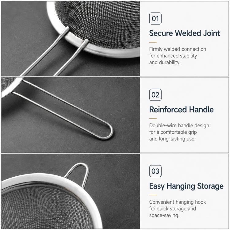 Stainless steel mesh strainer with secure welded rim, reinforced handle, and hanging hook