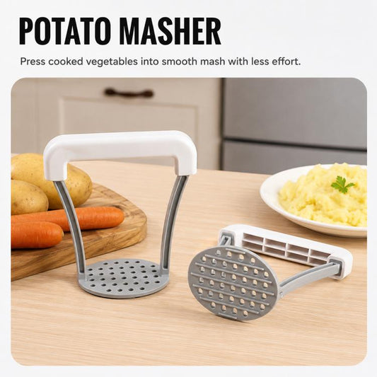Manual potato masher and spare perforated plate accessory with white handles