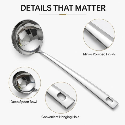 Stainless steel ladle spoon with mirror-polished finish and convenient hanging hole in handle.